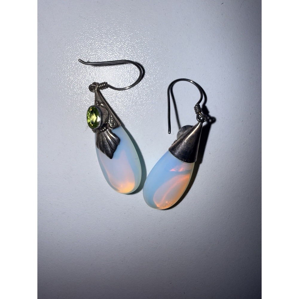 VTG Hook Earrings Opalite Glass Teardrop Green Peridot 925 Sterling - Picture 4 of 5